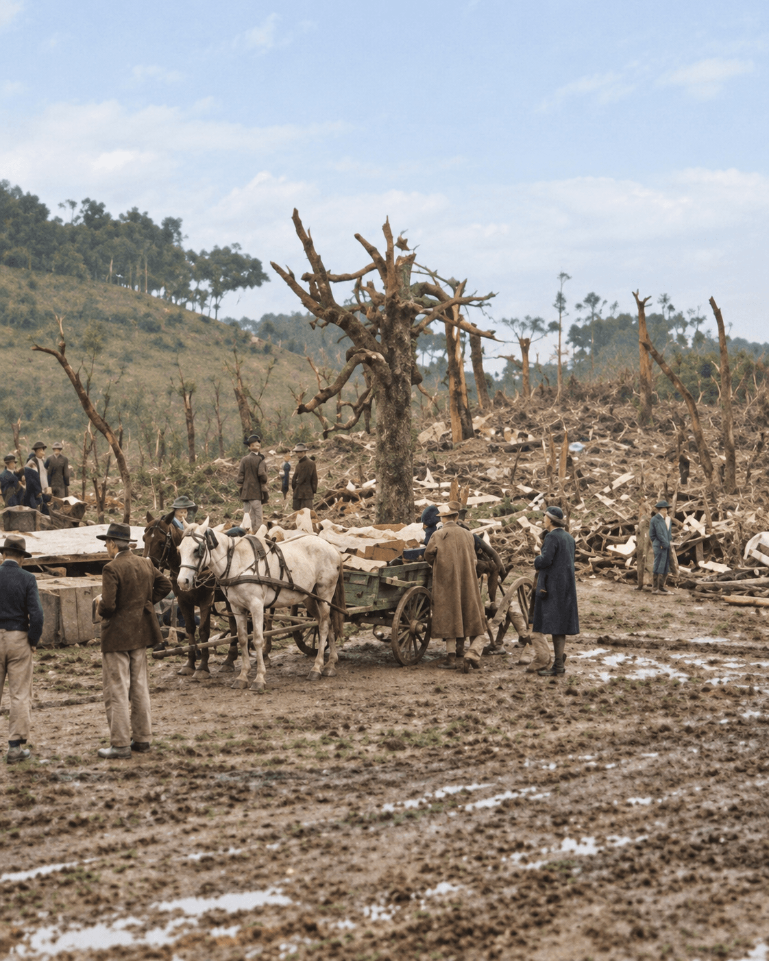 Reconstrução ilustrativa baseada nos registros históricos do tornado de Palmas de 1959 mostrando a devastação da Fazenda Fortaleza